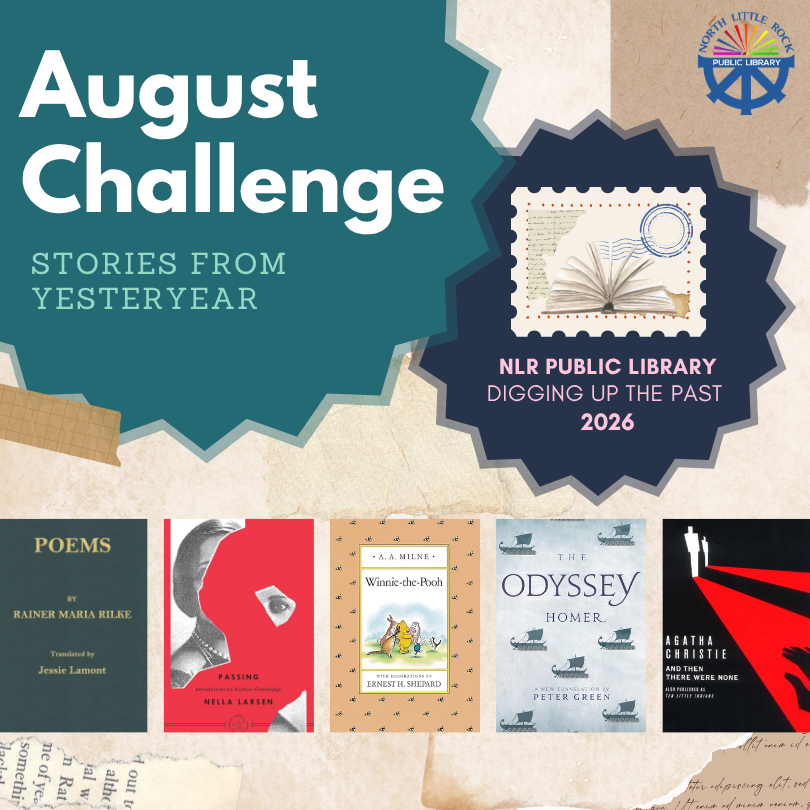 Promotional graphic for the NLRPLS August 2026 Reading Challenge: Stories From Yesteryear, featuring the five featured picks.