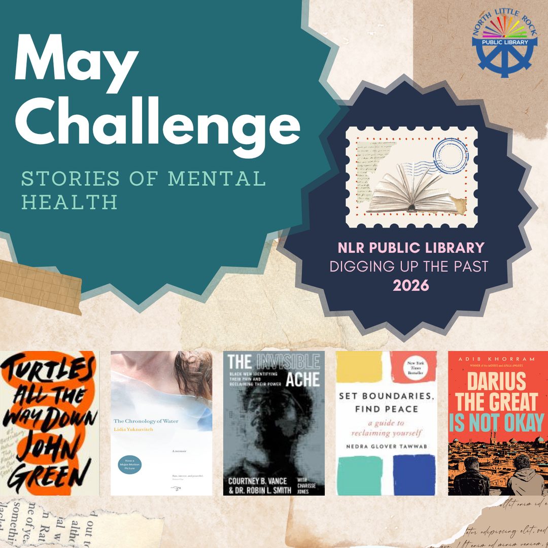 Promotional graphic for the NLRPLS May 2026 Reading Challenge: Stories of Mental Health, featuring the five featured book covers.