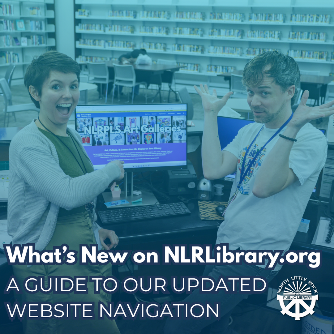 Two library staff members react with excitement and surprise at a computer screen displaying the newly updated NLRLibrary.org website, alongside the blog post title "What's New on NLRLibrary.org: A Guide to Our Updated Website Navigation."