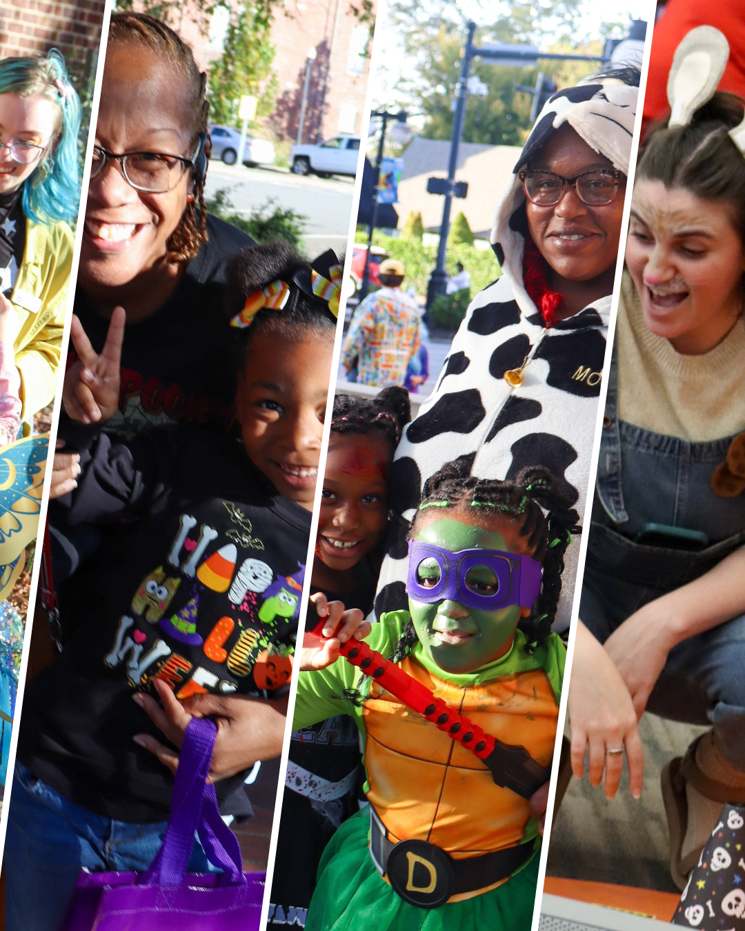 Four angled photos from a Halloween event: a child in green face paint and a superhero costume, a child holding a purple treat bag with a smiling adult, an adult in a cow costume, and an adult kneeling to greet a costumed child.