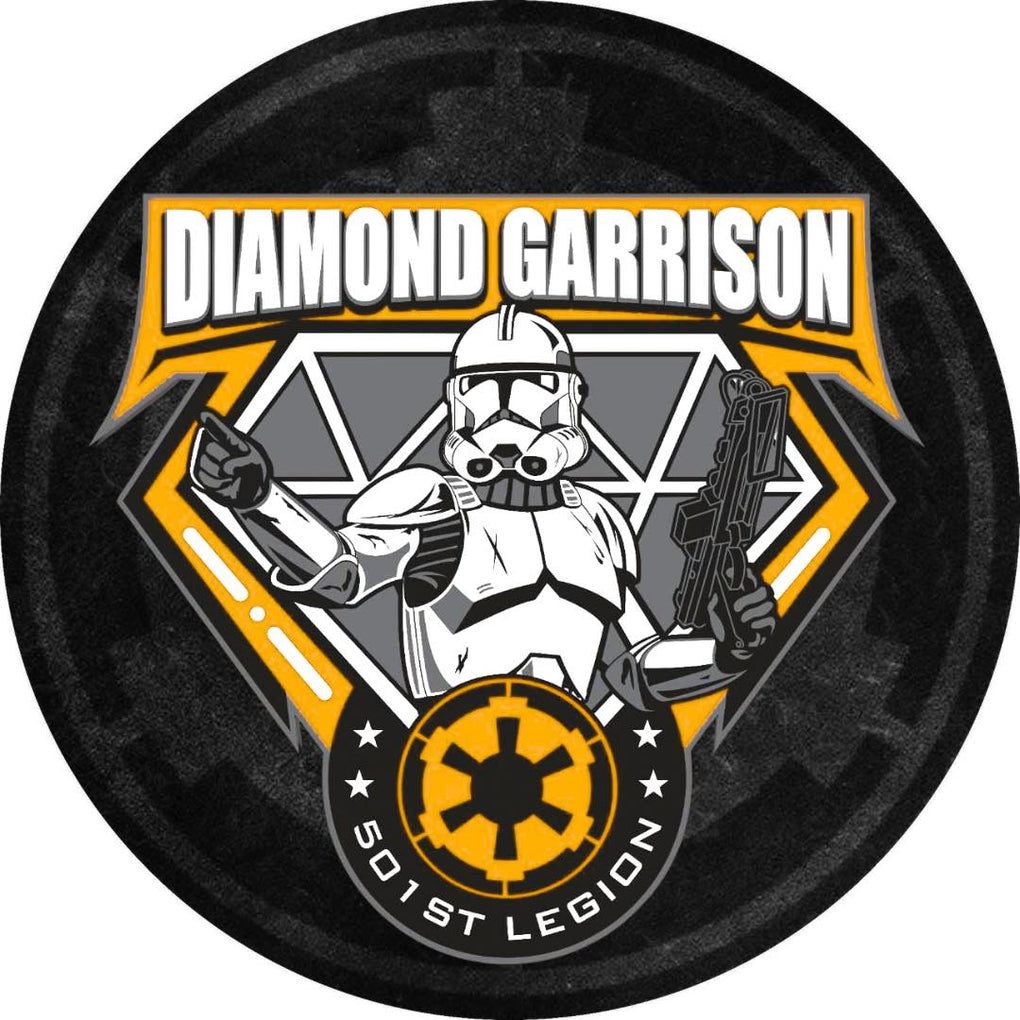 Logo of Diamond Garrison with a stormtrooper character and text on a black background