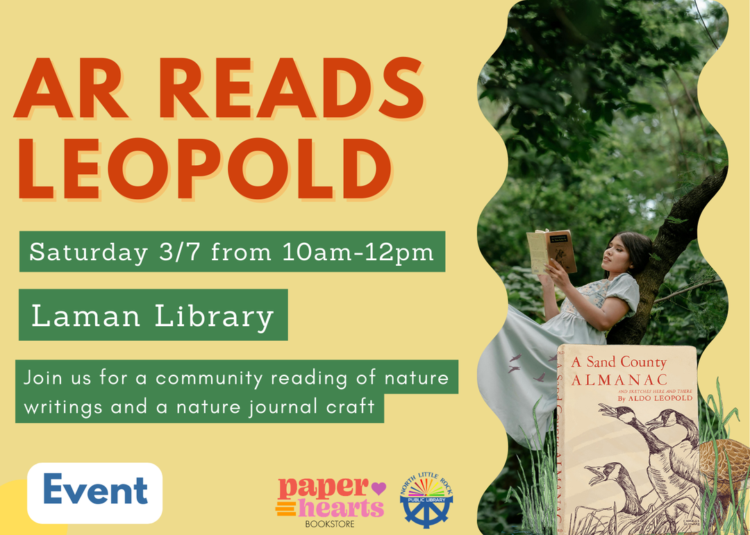 Promotional flyer for an event titled 'AR Reads Leopold' at Laman Library with a person reading outdoors.
