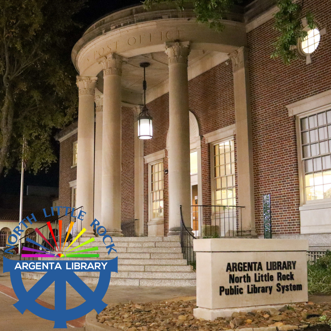 Argenta branch building located at 420 Main St, front porch with large Argenta Library open book logo in the right hand corner.