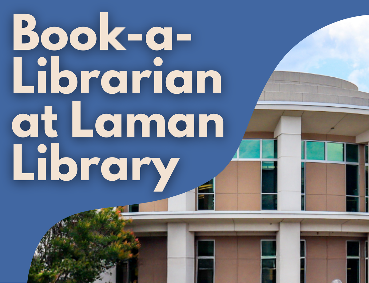Text reading Book-a-Librarian at Laman Library next to a photo of the exterior of a library with large columns.