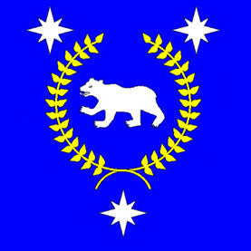 Logo Flag with a white bear, yellow laurel leaves, and white stars on a blue background