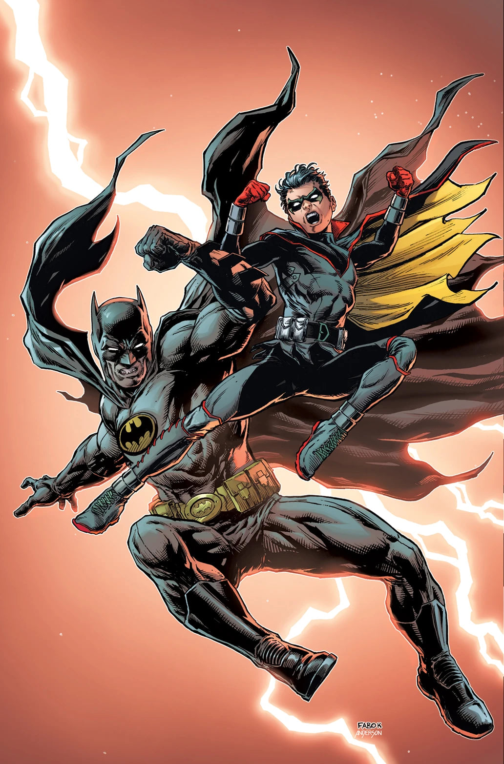 Batman and Robin pose heroically in the air on a red background with a lightning strike. Batman wears a black outfit with yellow accents, and Robin wears a black outfit with red accents and a cape with a yellow inner lining.