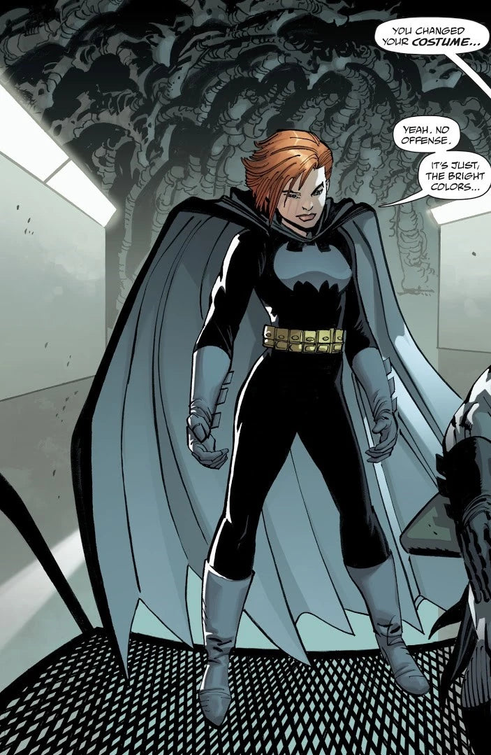 Comic book character Batwoman, a white woman with red hair in a black and gray outfit with yellow outfits, poses dramatically. In dialogue, someone not in frame says, "You changed your costume," to which she replies, "Yeah, no offense. It's just, the bright colors..". 