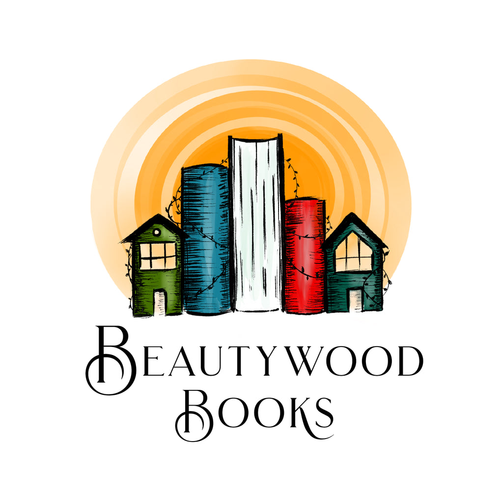 Logo for Beautywood Books with stylized books and houses against a sunset background.
