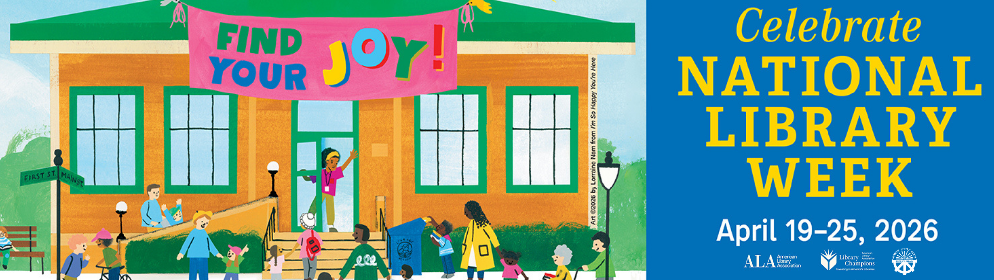 Promotional banner for National Library Week with a school building and children, featuring text 'Find Your Joy' and 'Celebrate National Library Week'.