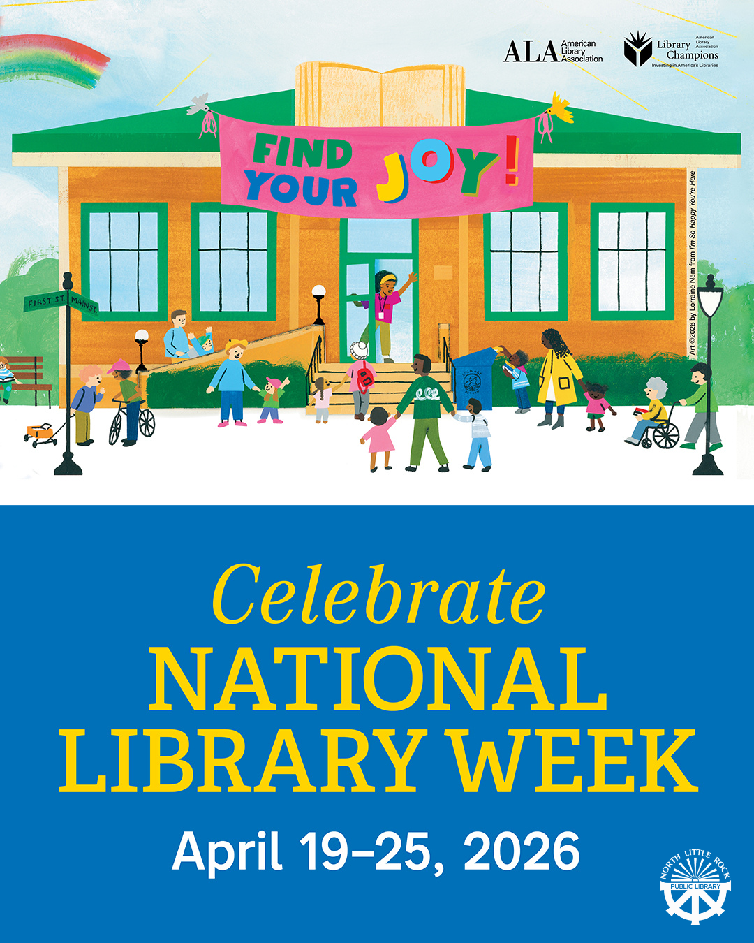 Promotional poster for National Library Week with a colorful building and children, featuring the ALA logo.