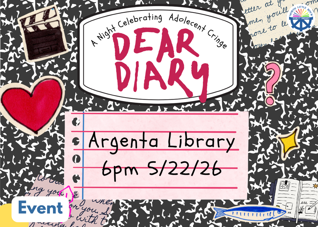 A promotional graphic for Dear Diary: A Night Celebrating Adolescent Cringe, an open mic event at Argenta Library on May 22, 2026 at 6 PM. The design features bold hand-lettered text on a black and white composition notebook background, decorated with stickers including a heart, a film clapper, and a question mark. Event details are displayed on a pink ruled notepad graphic.