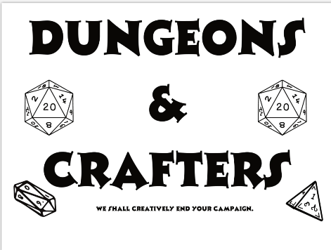 Logo for 'Dungeons & Crafters' with dice and text on a white background