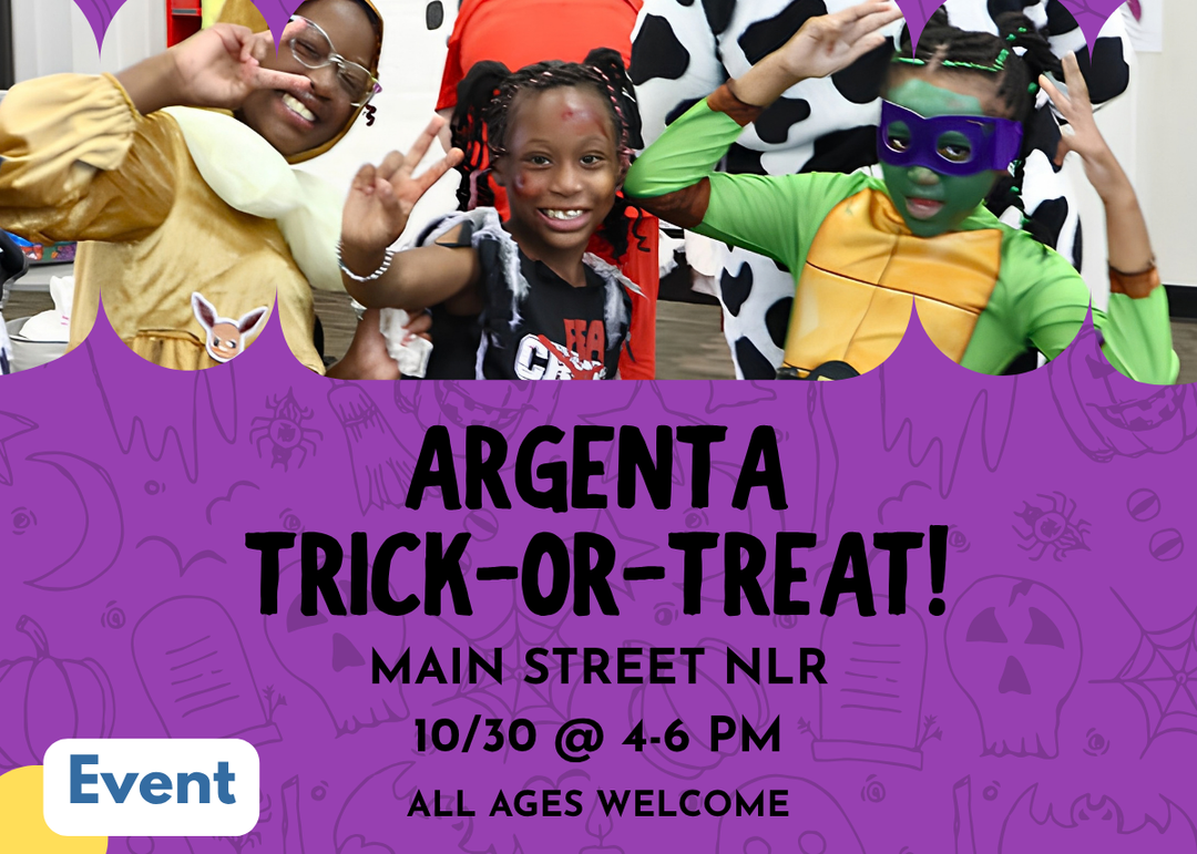 Event graphic for Argenta Trick-or-Treat on October 30 from 4-6 PM on Main Street NLR. Three children in Halloween costumes, including a Teenage Mutant Ninja Turtle and a cow, pose and smile for the camera. Text on a purple Halloween-themed background reads "Argenta Trick-or-Treat! Main Street NLR, 10/30 @ 4-6 PM, All Ages Welcome."