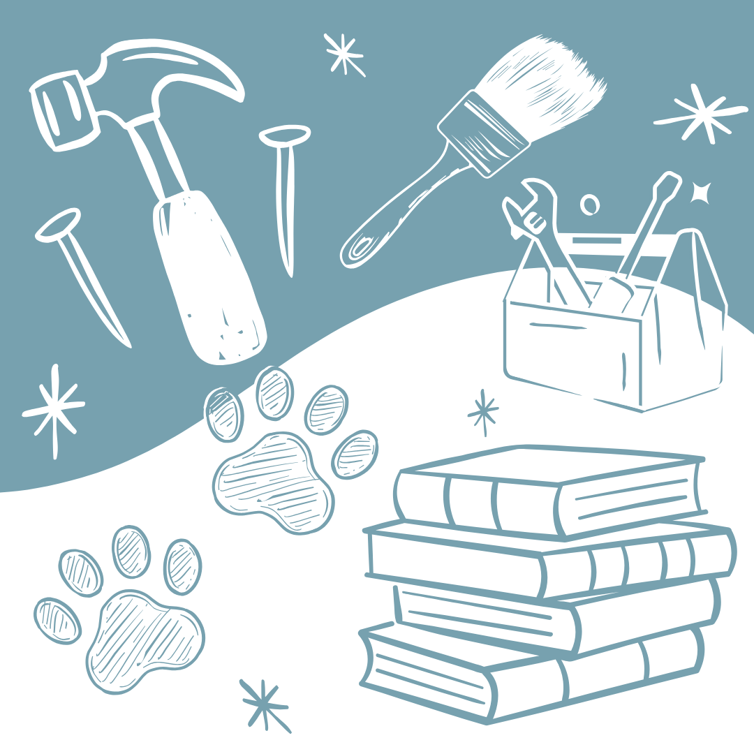 Collage of tools, paw prints, and books.