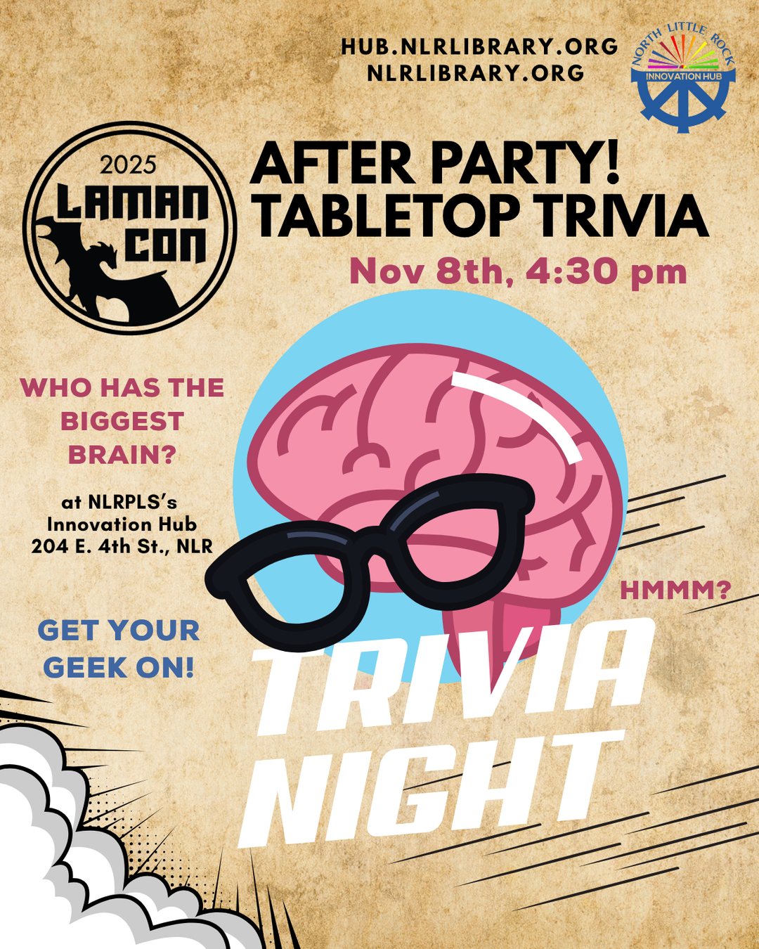 Promotional flyer for Laman Con After Party Tabletop Trivia event with brain graphic and text.