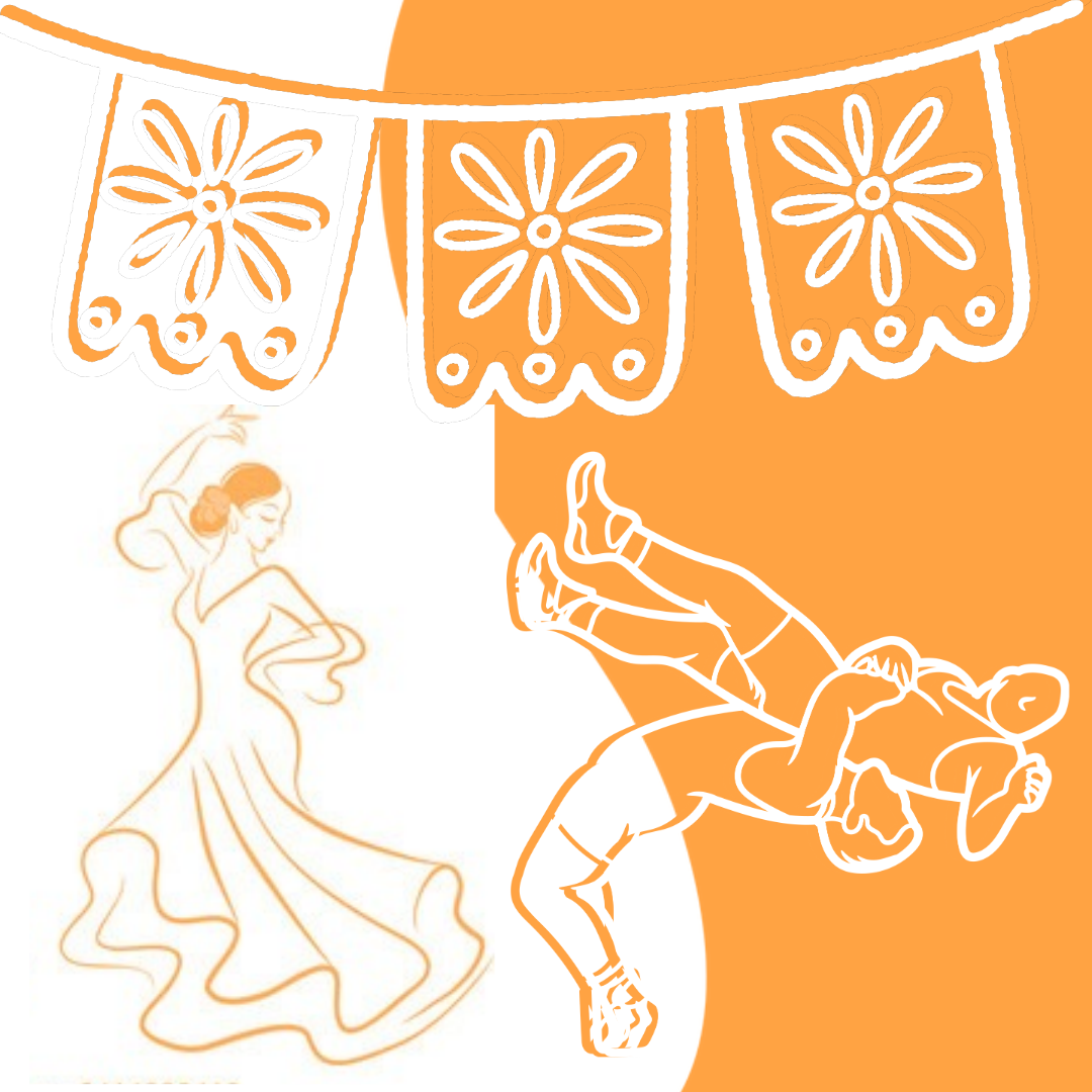 Orange and white papel picado over illustrations of a woman dancing next to two men wrestling.