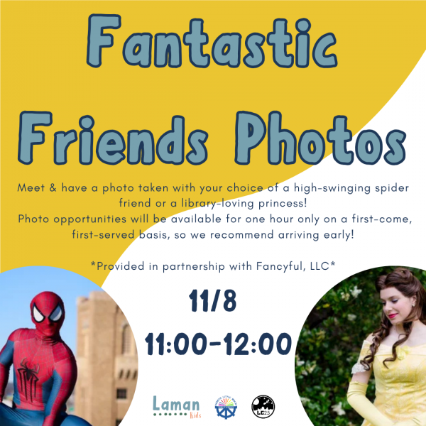Promotional flyer for a photo opportunity with superhero and princess costumes, featuring dates and times.