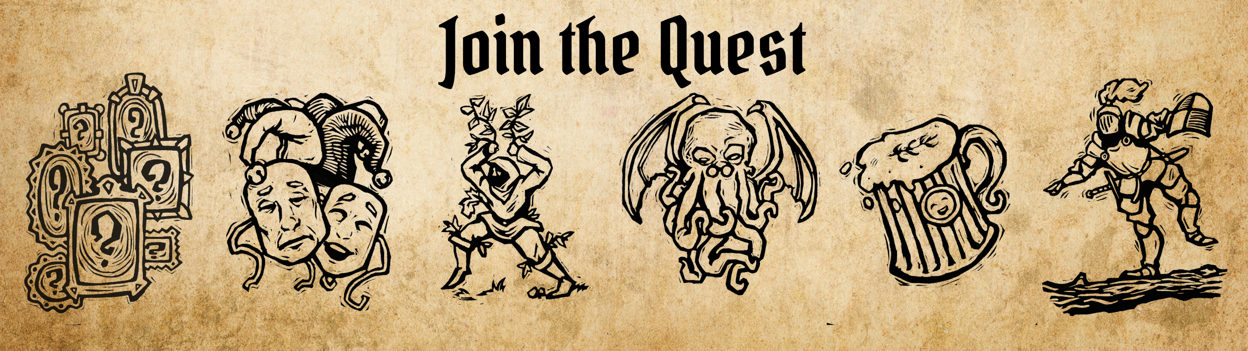 Renaissance-style illustration with block printed DnD characters and text 'Join the Quest' on a brown aged paper background