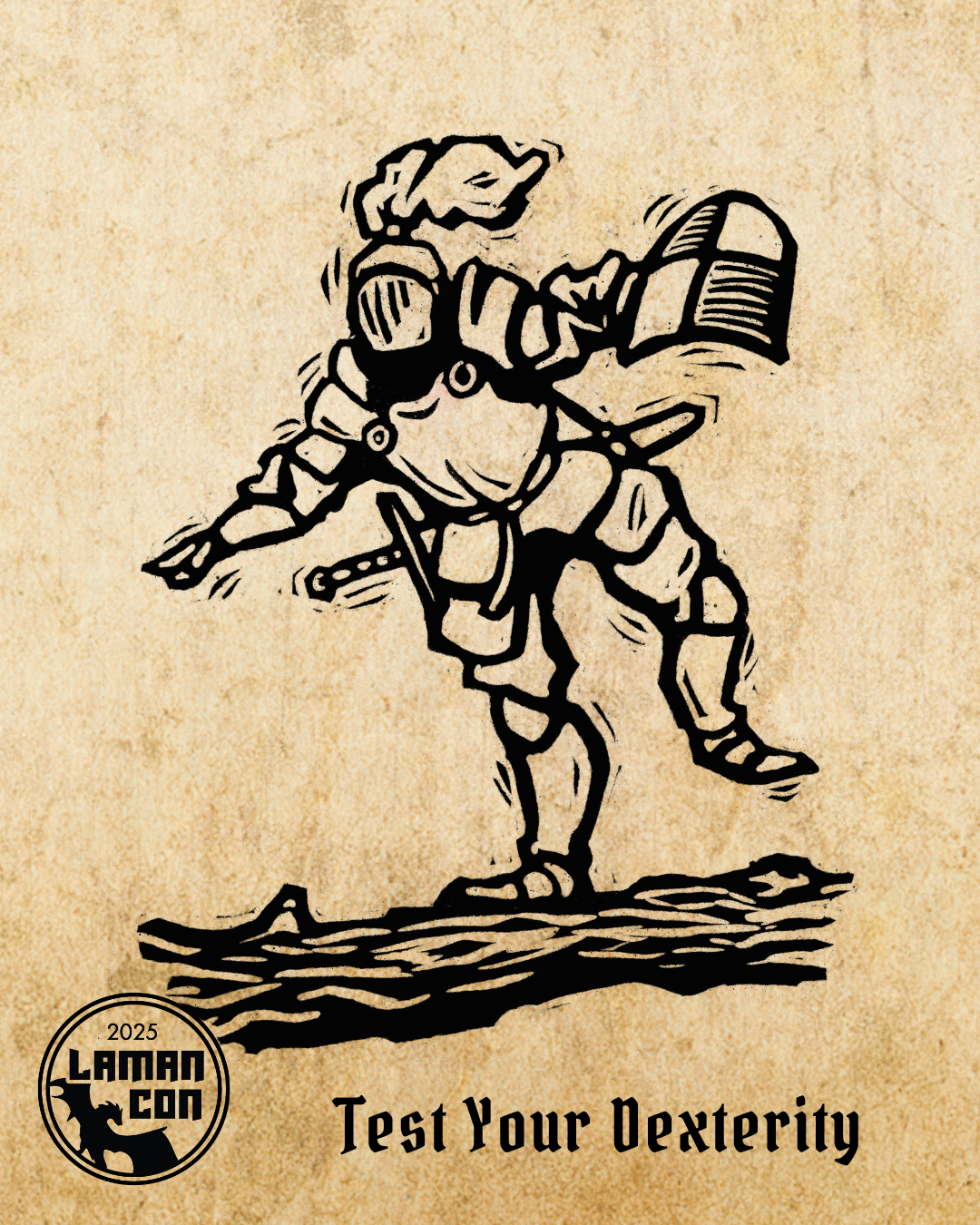 Vintage-style illustration of a knightly character balancing on a log on a textured paper background, featuring the Laman Con logo.