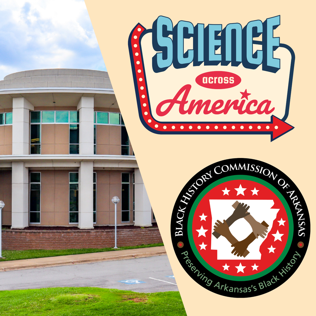 Exterior photo of the Laman Library with logos for Science Across America and Black History Commission of Arkansas.