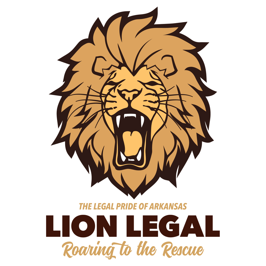 Logo for Lion Legal, with text reading The Legal Pride of Arkansas, Lion Legal, Roaring to the Rescue.