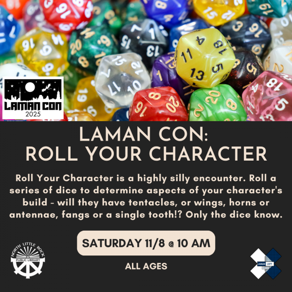 Promotional poster for Laman Con with colorful dice and event details.
