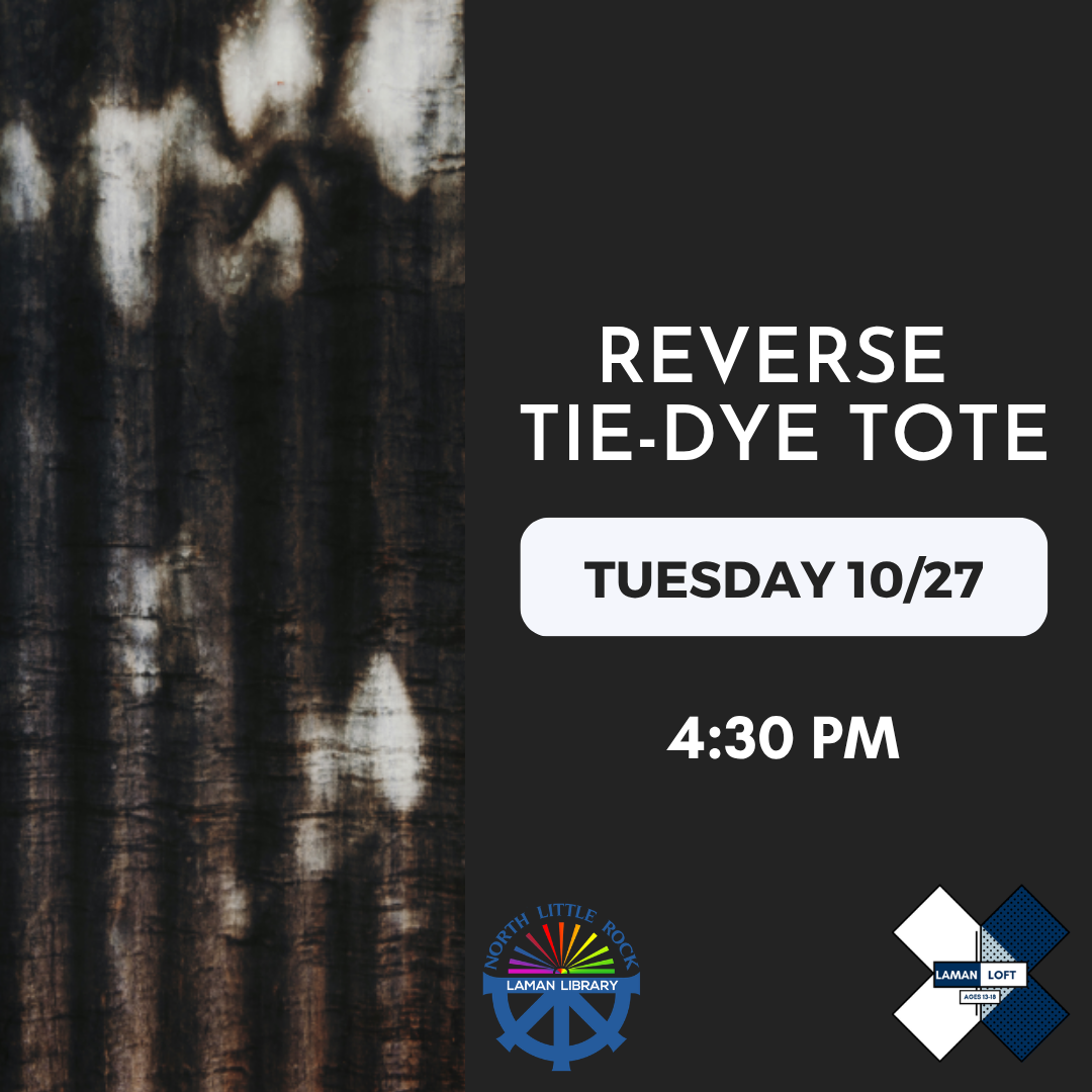 Black fabric with bleach-lightened patches next to information about the Reverse Tie-dye Totes event. 
