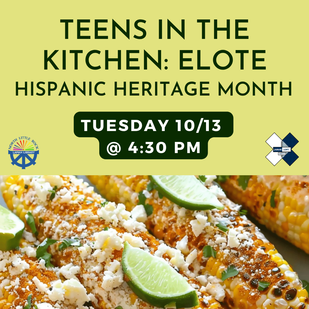 A photo of corn cobs with various toppings below text describing Teens in the Kitchen: Elote.
