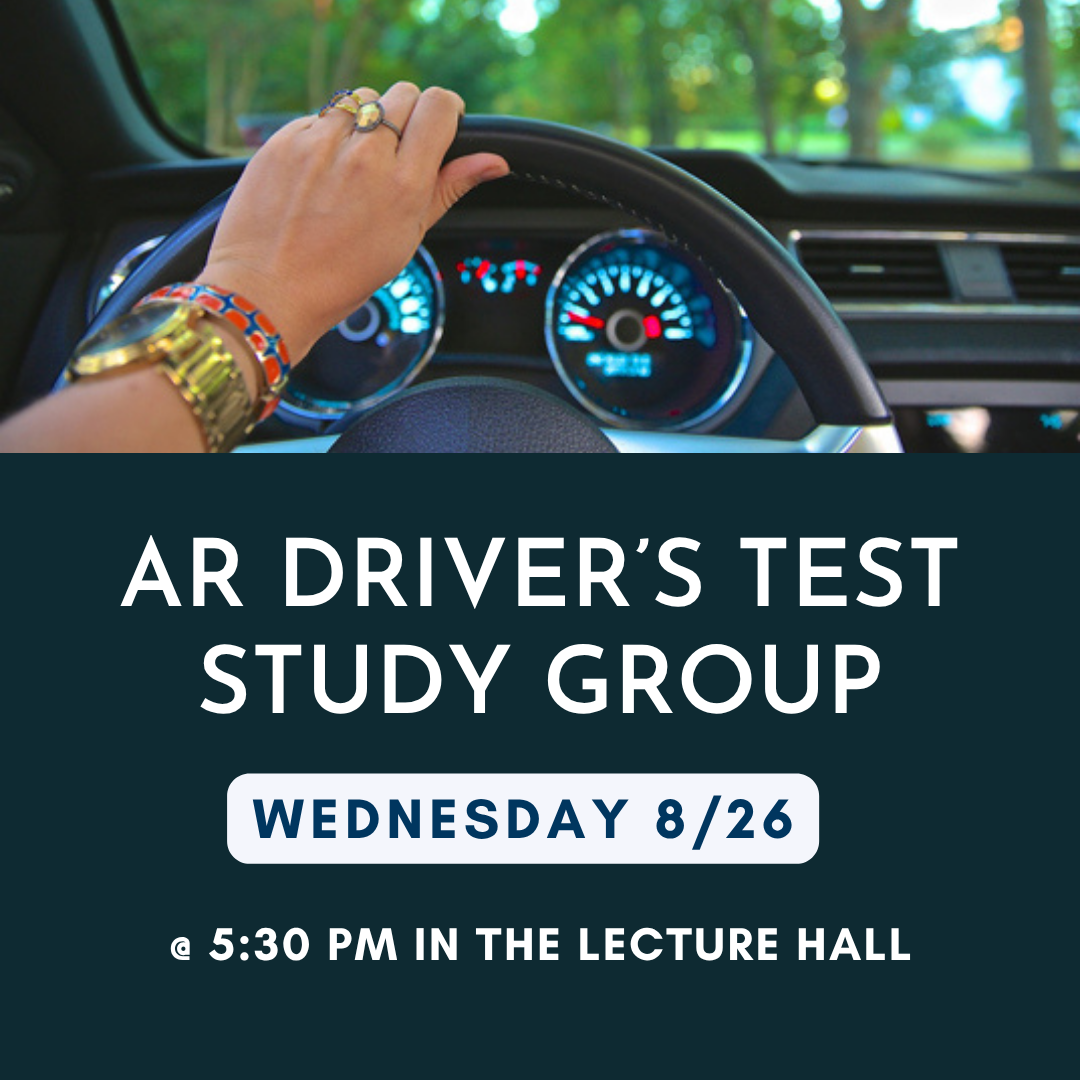 Promotional graphic for the Driver's Test Study Group with a picture of a person driving a car.