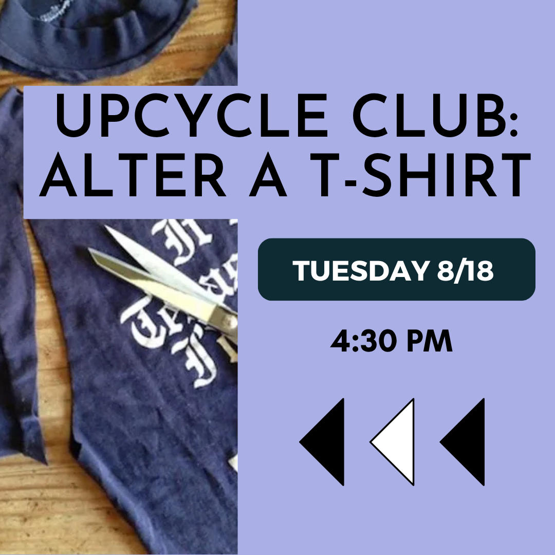 Promotional graphic for Upcycle Club with a picture of a t-shirt and scissors.
