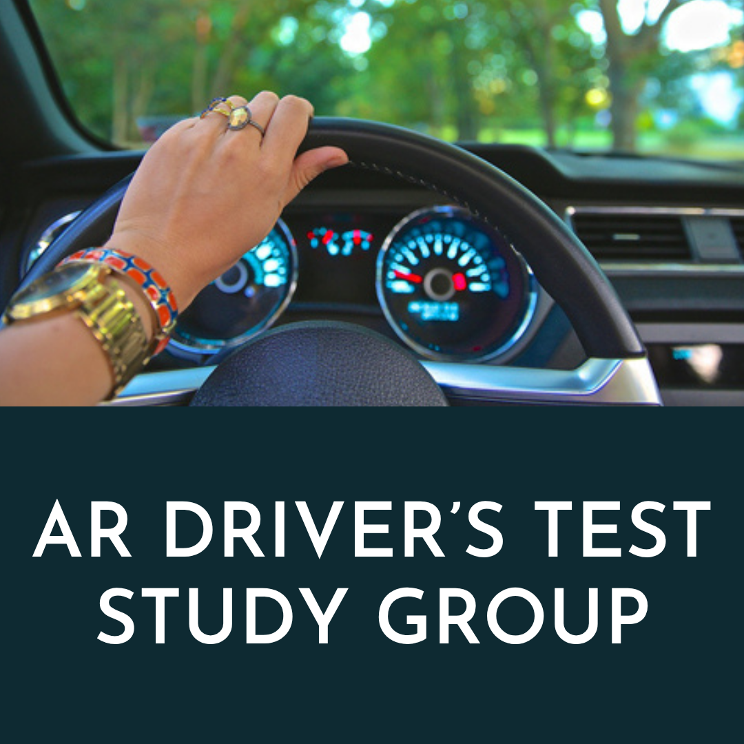 A hand with bracelets on the wheel of car over the text AR Driver's Test Study Group.
