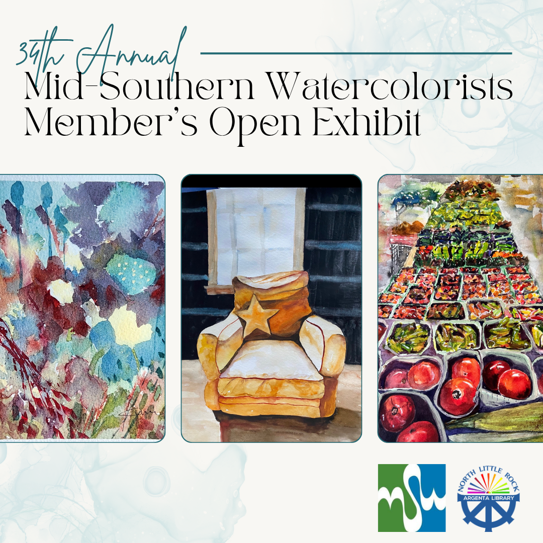 Trio of watercolor paintings and the text 34th Annual Mid-Southern Watercolorists Member’s Open Exhibit.