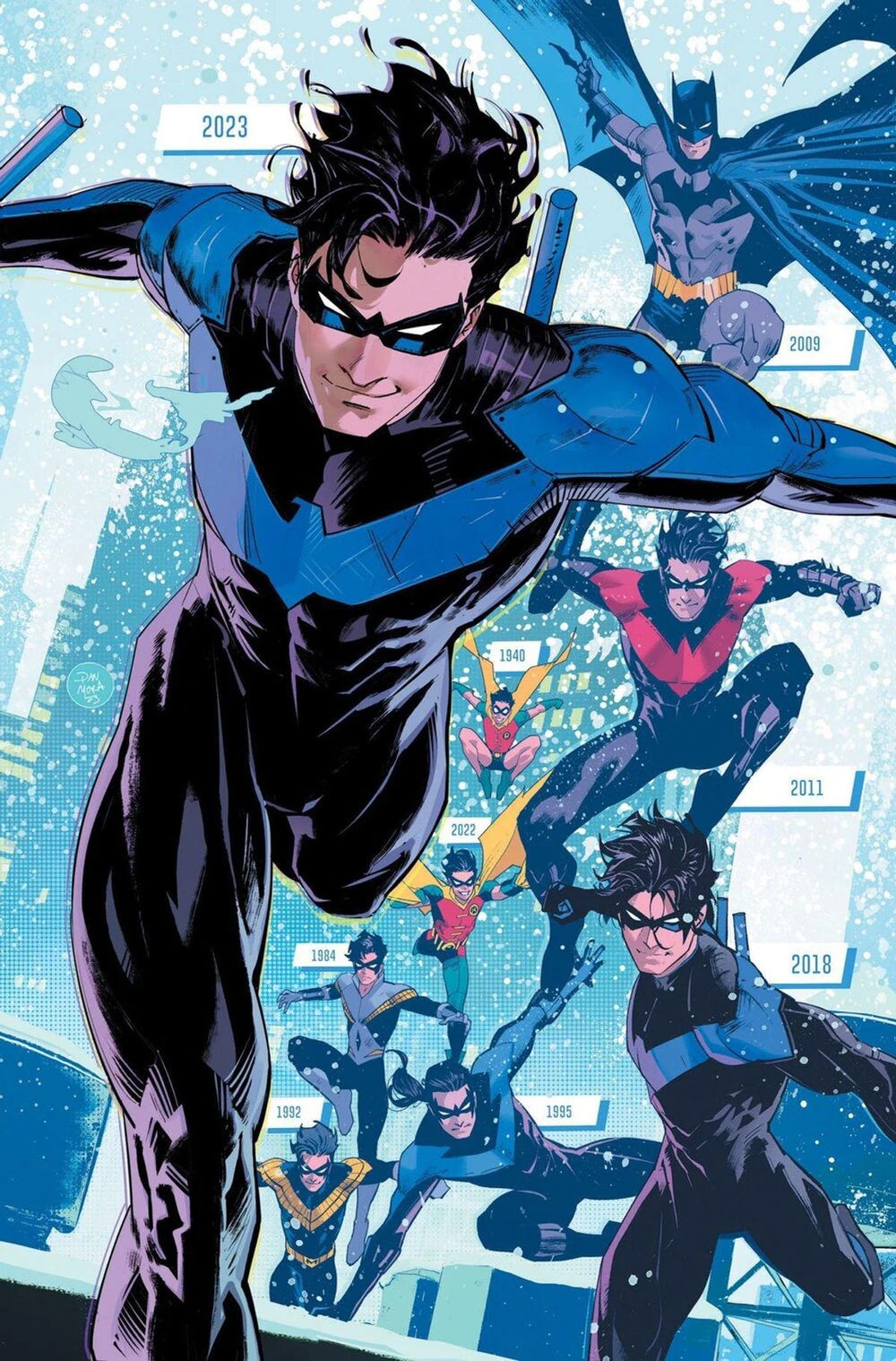 A composite of illustrations of comic book character Robin/Nightwing, showing the evolution of the character over almost 8- years.