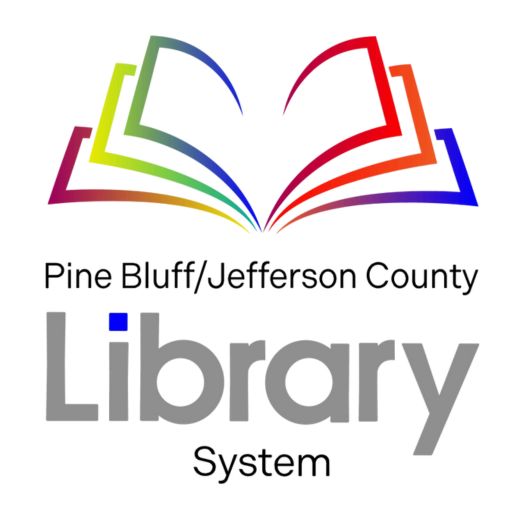 Logo of Pine Bluff/Jefferson County Library System with a colorful book design.