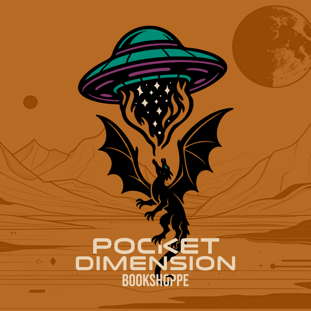 Alien spaceship hovering over a dragon with 'Pocket Dimension Bookshoppe' text on an orange background