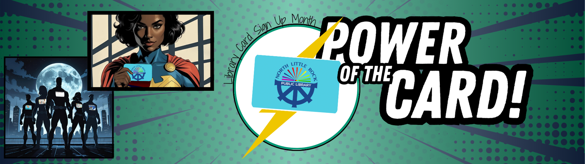 Promotional graphic for 'Power of the Card!' with superhero imagery and logo.