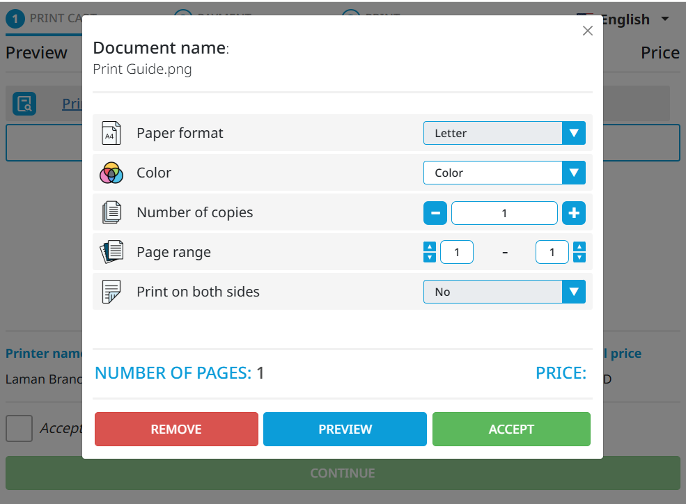 a screenshot of the princh printing settings showing paper format, color, copies, and acceptance buttons.