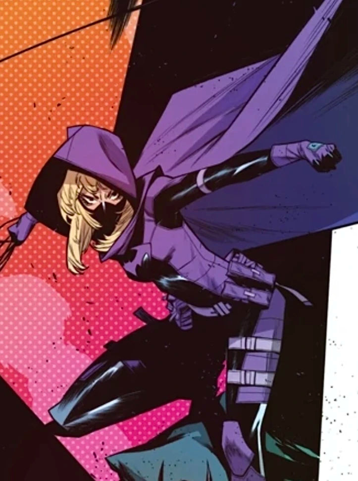 Comic book character The Spoiler: A white woman with blond hair poses dramatically in a purple tactical outfit, cape, and hood.