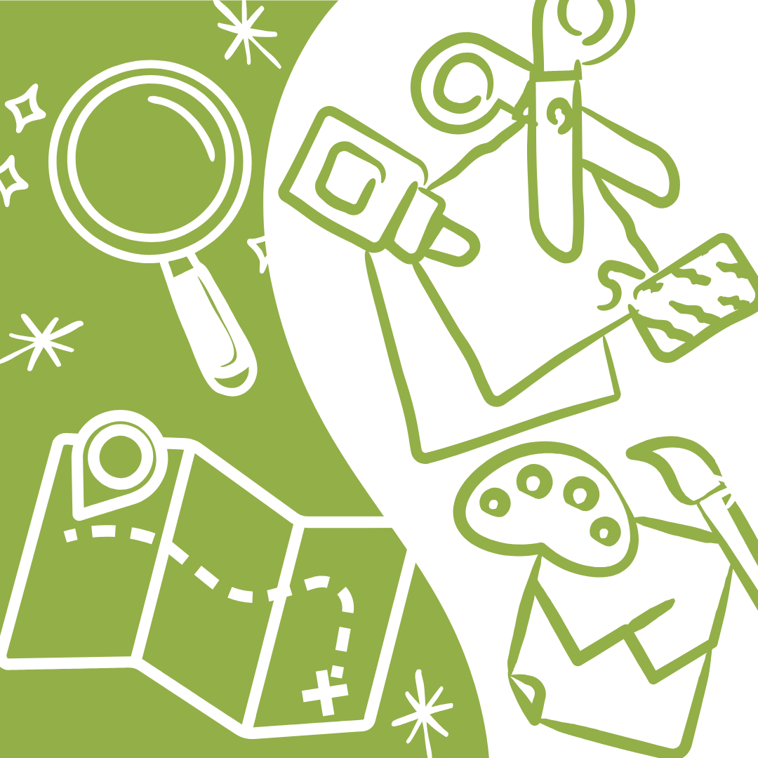 Collage of magnifying glass, map, scissors, and other crafting supplies.