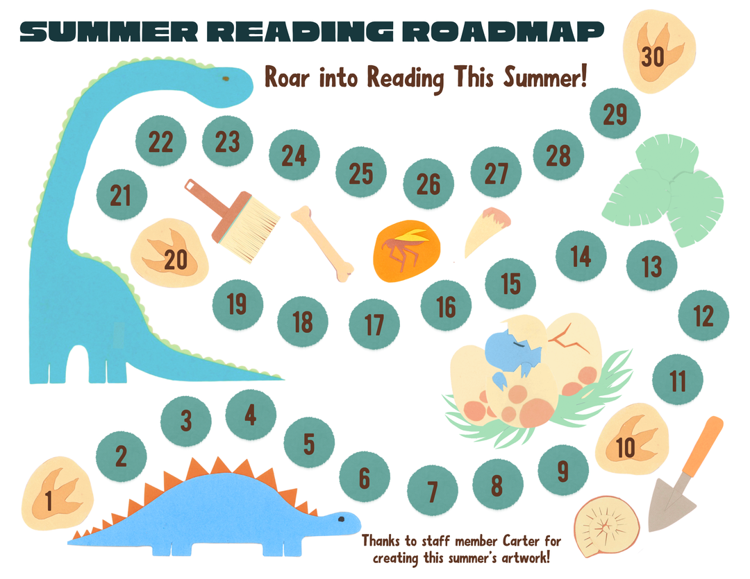 A map with dinosaurs and 30 numbers space, with text reading Summer Reading Roadmap, Roar into Reading this Summer! Thanks to staff member Carter for creating this summer's artwork!.