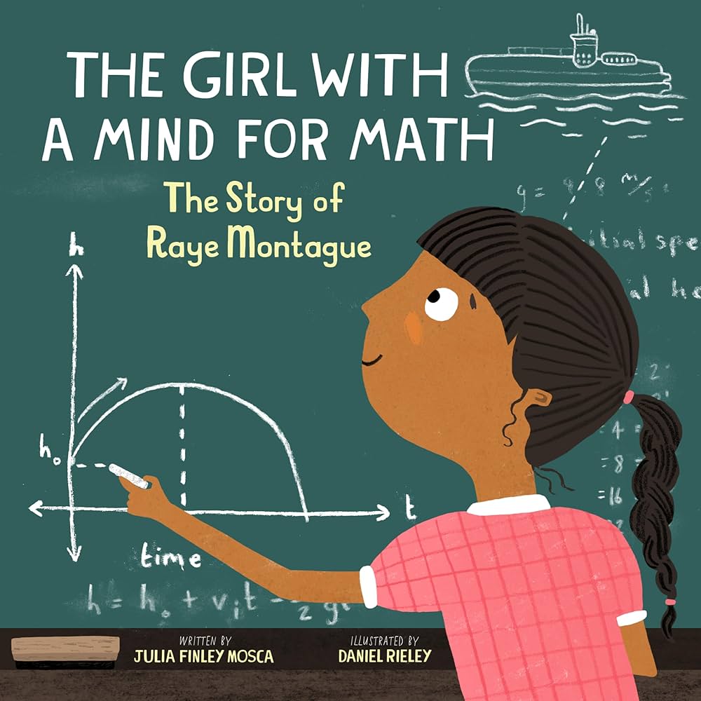 Storybook cover featuring a young black girl with scientific figures and a chalk drawing of a naval ship on a chalkboard.