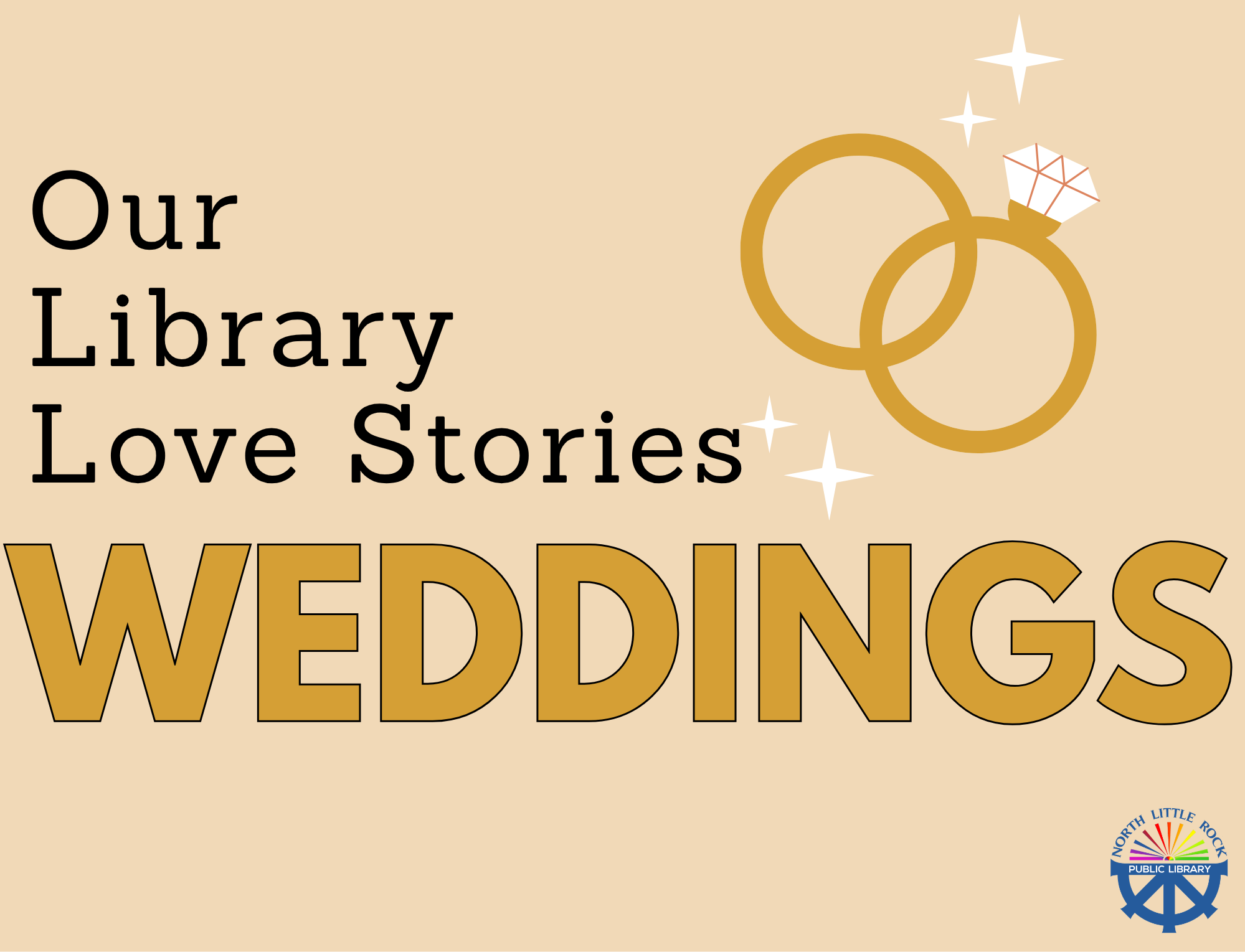 Text on yellow background reading Our Library Love Stories, Weddings, next to an image of two rings and above the library's logo.
