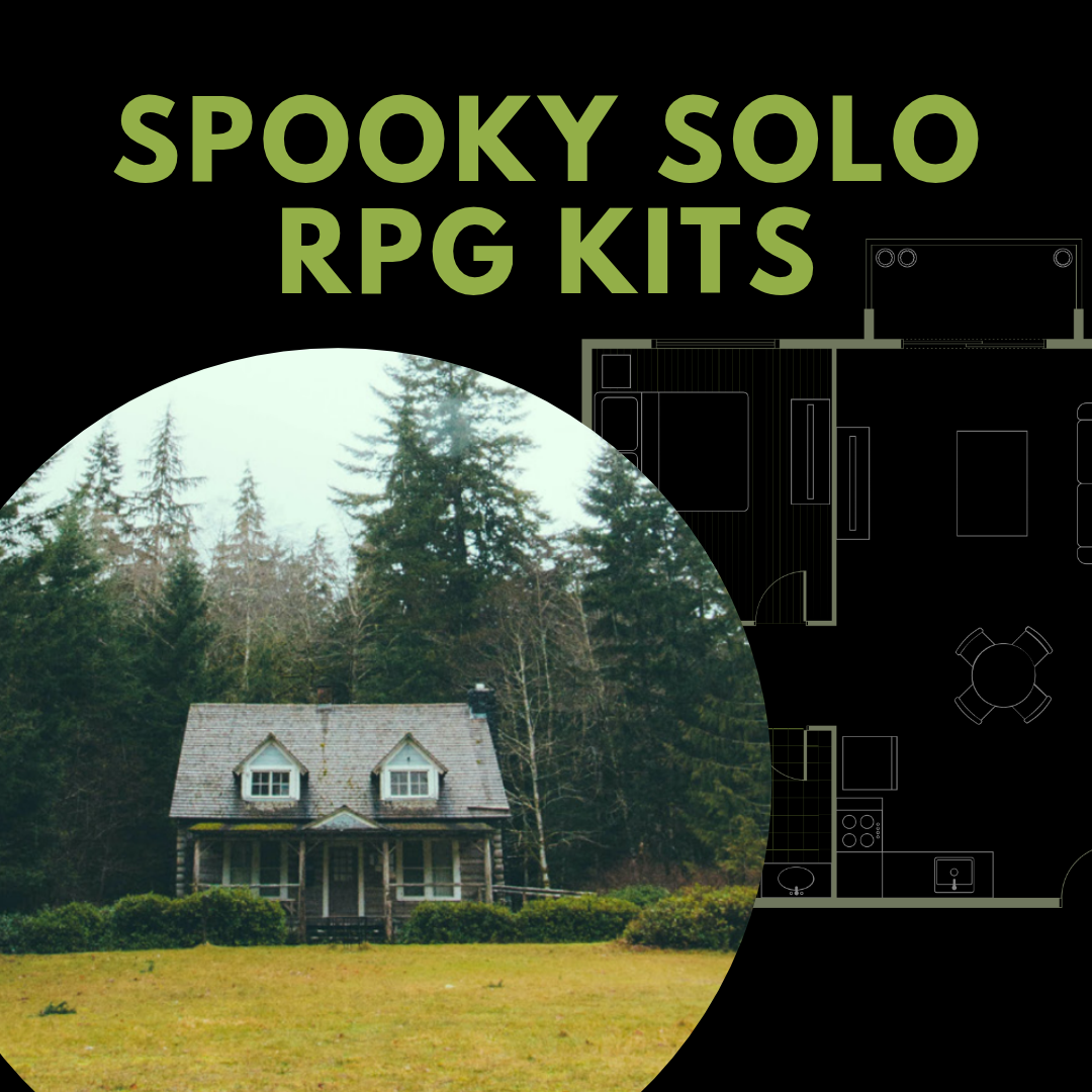 A photo of a house next to a blueprint on a black background. Above the images is text reading Spooky Solo RPG Kits.