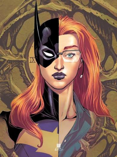 Comic book character Barbara Gordon, a white woman with red hair and glasses. In a composite illustration, her right side is her alter ego, Batgirl, wearing a dramatic black mask and a purple and yellow outfit, and the left side shows her out of costume with an earpiece and a blue button down shirt.