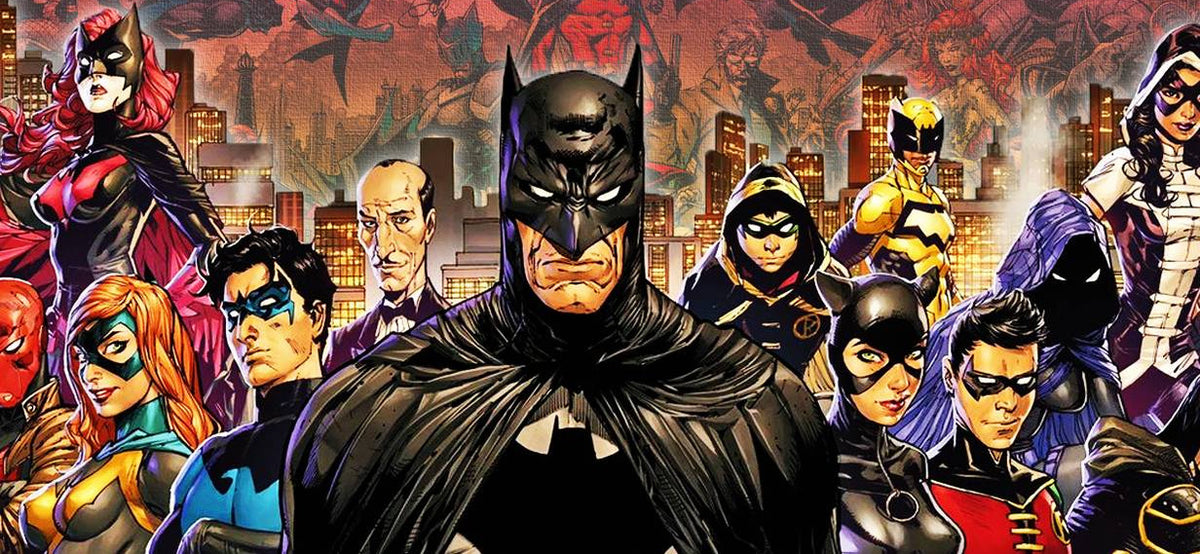 Comic book character Batman surrounded by various sidekicks and allies in colorful outfits against a city background.