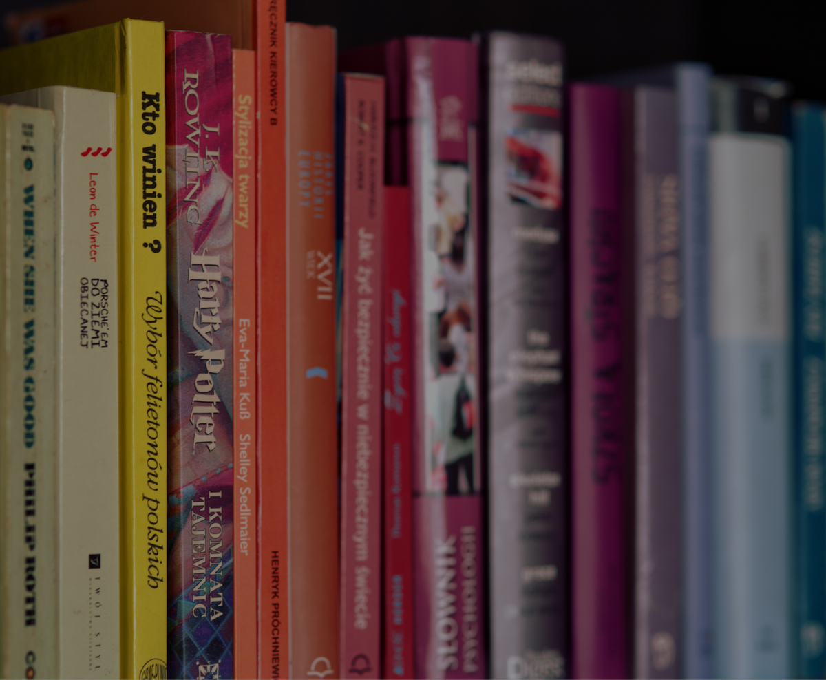 Colorful books in a variety of languages on a shelf.
