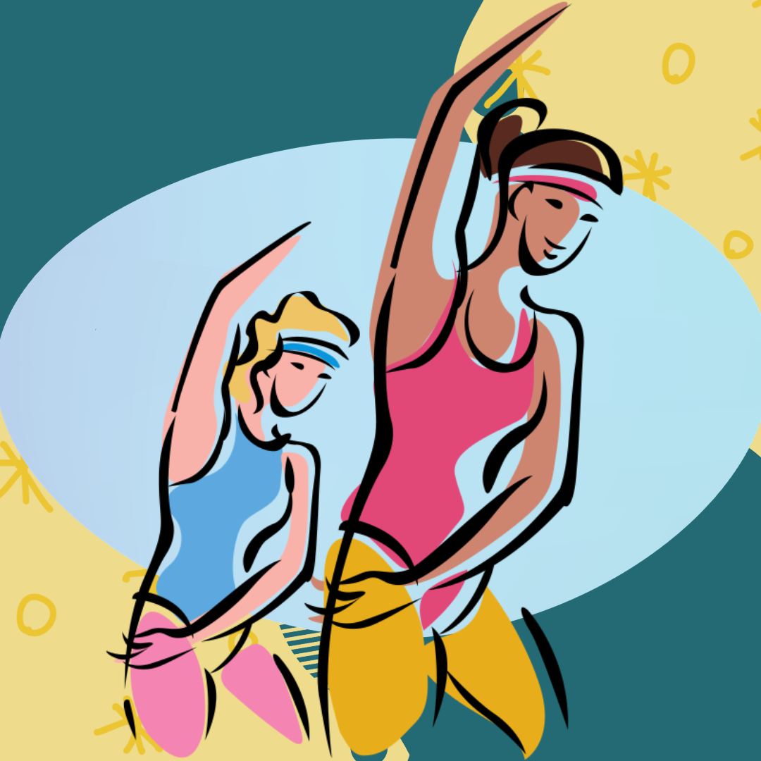 Colorful illustration of two women in leotards standing and stretching.