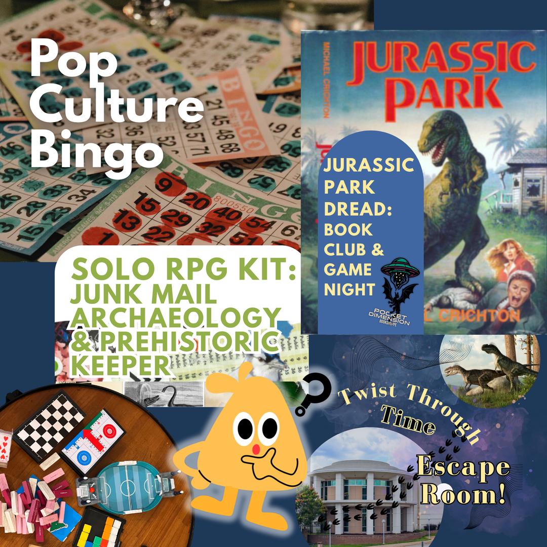 Collage of bingo cards, board games, the Jurassic Park book cover, and a promotional image about an escape room.