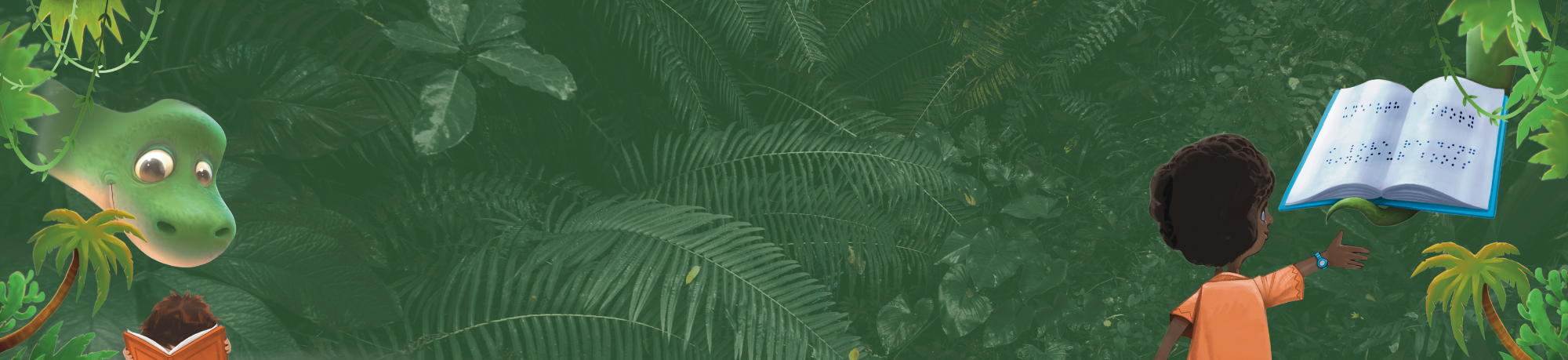 A child reading a book and a dinosaur in front of a jungle background.