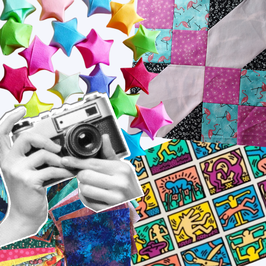 Collage of colorful fabric, origami stars, Keith Haring artwork, and a black and white image of hands holding a camera.